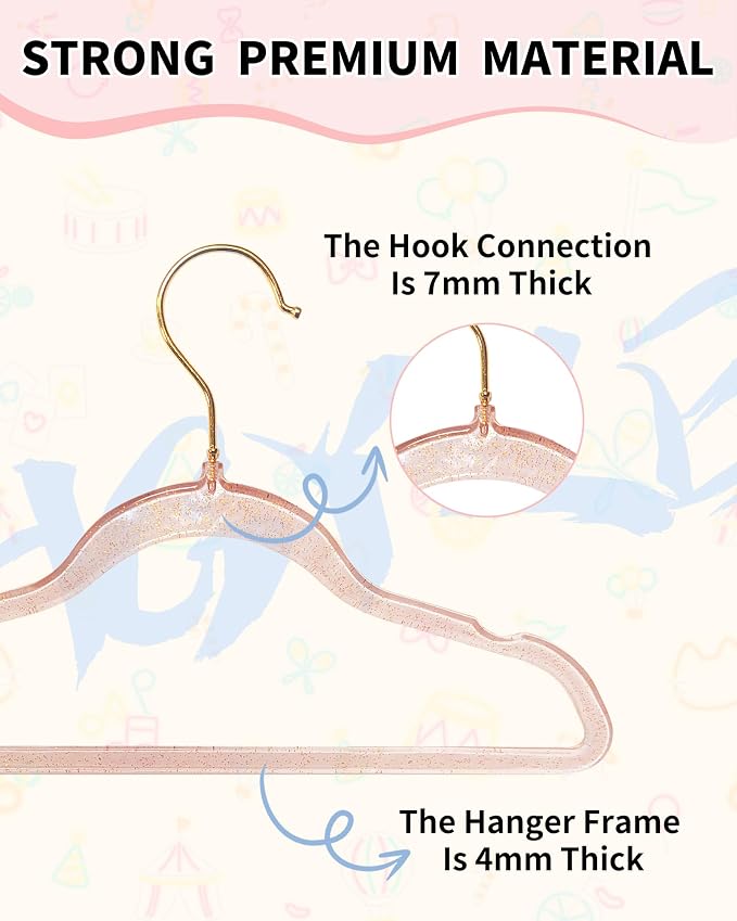 50pcs Slim Clear Toddler Hangers with 10 Connector Hooks for Kid's Closet | Swivel Golden Sparkling Baby Clothes Hangers with Gold Glitter for Infant Coat Outfit, Pink Perchas for Children Gril Nursery - Image 2