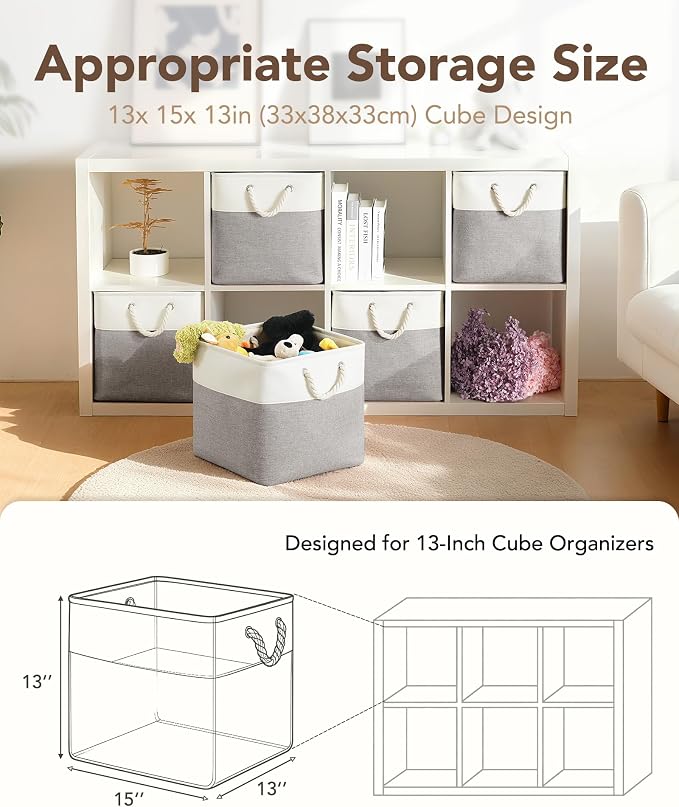 13x15x13 Inch Large Storage Bins with Cotton Rope Handles 6-Pack | Foldable, Top support of metal frame, Bottom with Cardboard Support, Fabric Cube Storage Bins for Closet, White Gray - Image 2