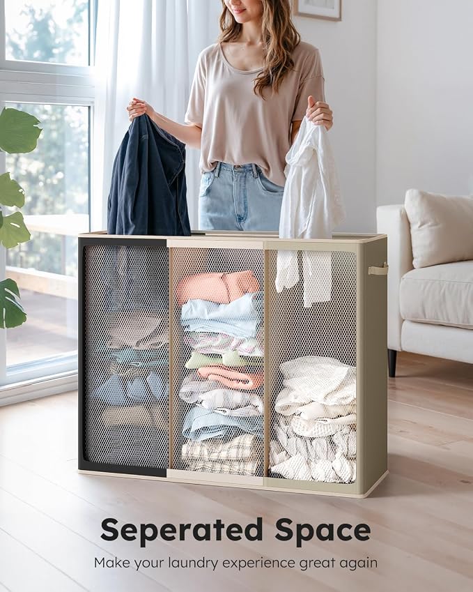 SOLEDI 180L 3-Section Laundry Hamper with Lid, Extra Large Dirty Clothes Basket with Sturdy Handles for Laundry Room & Bedroom - Durable Organizer for Sorting Laundry - Image 4