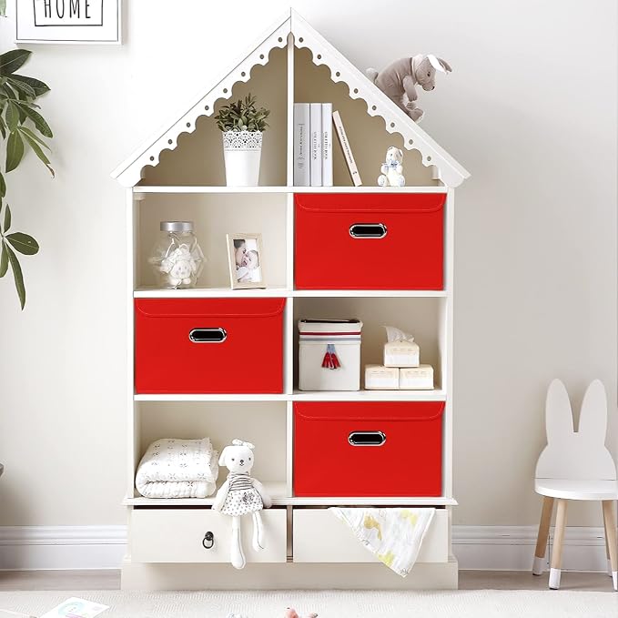 STOREONE Fabric Storage Cube Bins Foldable Organizer Container Collapsible Basket with Lids and Metal Handles, for Home, Bedroom, Closet 6 Pcs (Red) - Image 4