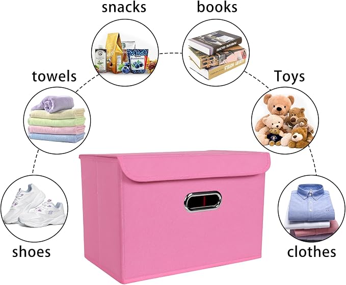 Linen Fabric Foldable Collapsible Storage Cube Bin Organizer Basket Fabric Storage Bins with Lid, Leather Handles, Removable Divider for Home, Closet, Pink 3Pcs - Image 3