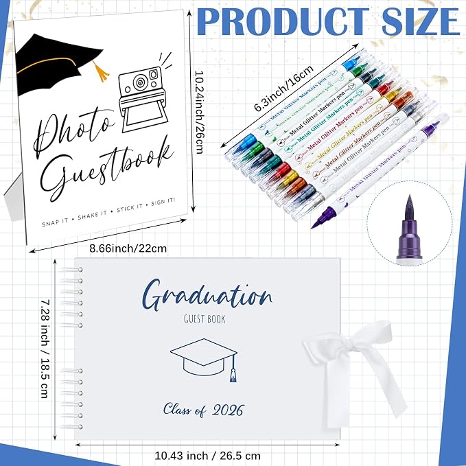 12 Pcs 2026 Graduation Guest Book with Photo Sign Decor 80 Pages Class of 2026 Scrapbook Photo Album with 10 DIY Dual Tip Metallic Markers Pens Gift, Exclude Camere(Graduation Cap,White,10.4 Inches) - Image 2