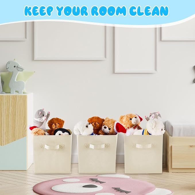 Yinder 12 Pcs Cube Storage Bin Beige 10.5''x10.5''x11'' Storage Bins for Playroom Decor Colorful Bins for Kids Foldable Baskets for Nursery Organizer Boxes Fabric Boxes - Image 5