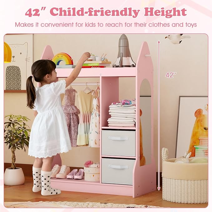 Costzon Kids Dress Up Storage with Mirror, Clothes Rack, Shelves, 2 Fabric Storage Bins, Pretend Play Costume Organizer, Open Hanging Wardrobe Closet Armoire Dresser for Bedroom Playroom - Image 4