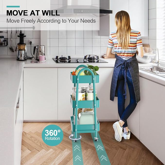 3 Tier Utility Rolling Cart, Metal Storage Cart with Handle and Lockable Wheels, Multifunctional Storage Organizer Trolley with Mesh Baskets for Kitchen, Living Room, Office, Garage (Turquoise) - Image 3