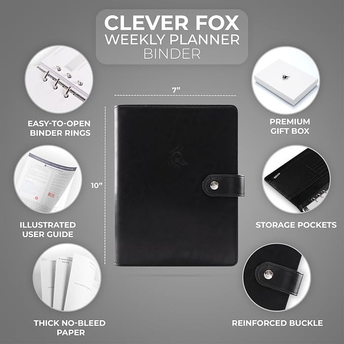 Clever Fox Weekly Planner Binder, Undated Daily A5 Eco Leather Black | 7 x 10 in with A5 pages, mini 3 ring portfolio organizer, work time manager, day runner, agenda book with monthly calendars - Image 2
