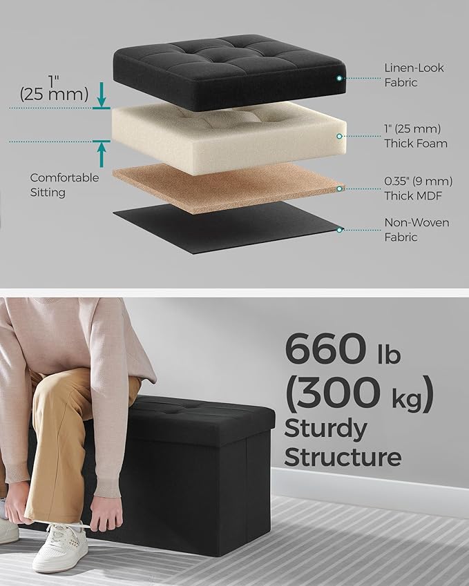 SONGMICS Mazie Collection - 43 Inches Storage Ottoman, Foldable Storage Bench with Flipping Lid, 660 lb Load Capacity, for Entryway, Living Room, Bedroom, Ink Black ULSF076B01 - Image 4