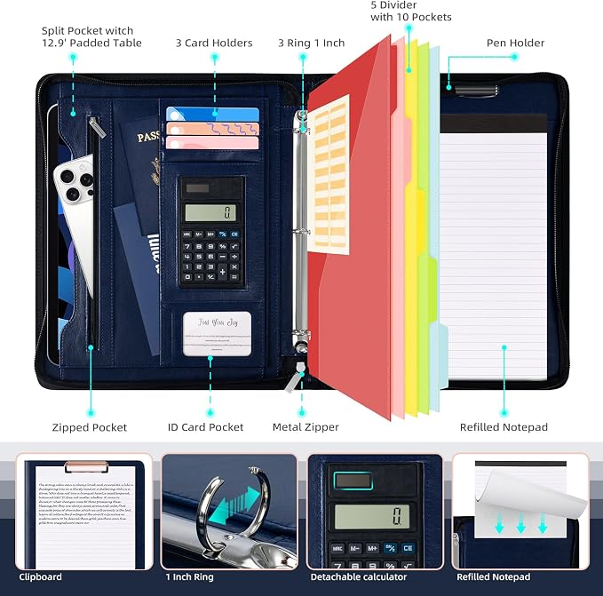 Ospelelf 3 Ring Portfolio Binder with Zipper, Leather Clipboard with Storage, Padfolio Folder for Men, 12.1” Tablet Sleeve, 5 Dividers with Pocket, Refillable Notepad, Card Slot (Navy Bule) - Image 3
