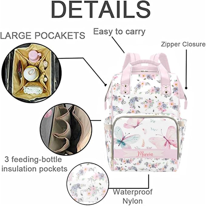 Custom Diaper Bag Backpack with Name Personalized Floral Butterfly Nappy Bag for Mommy Mother's Day Gift Customized Adjustable Shoulders Nursing Bag Daypack - Image 5