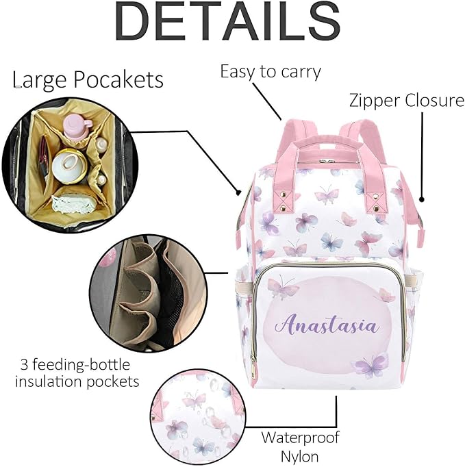 Custom Colorful Butterfly Baby Backpack – Personalized Diaper Bag with Name, Waterproof Large Capacity Nappy Bag with Insulated Pockets – Ideal Shower Gift for Moms & Dads - Image 5