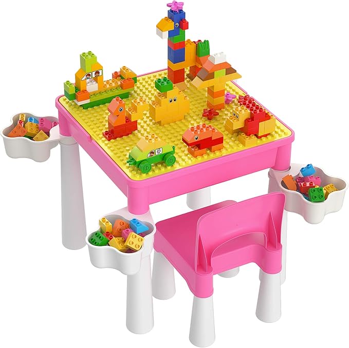 burgkidz Toddler Building Table Set: 1 Chair 128 Blocks 4 Storage Bin Pink | Leakproof top sand/water. Sturdy ABS, smooth edges. 4 storage bins (1/leg) & 128 bricks. Ideal 3+ yrs. Great gift by burgkidz