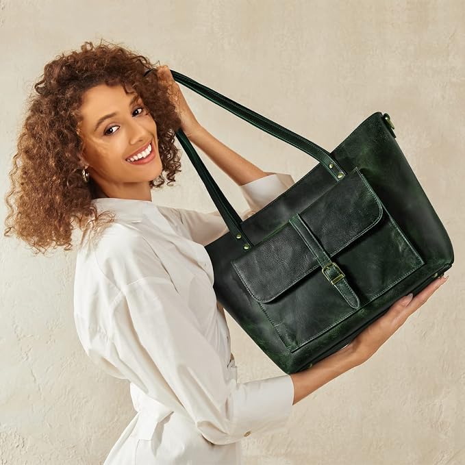 S-ZONE Women Vintage Genuine Leather Tote Bag Large Shoulder Purse Work | 14" Padded Laptop Compartment, Detachable Long Strap, Luggage Strap, Multi Pockets, Travel Everyday - Image 2