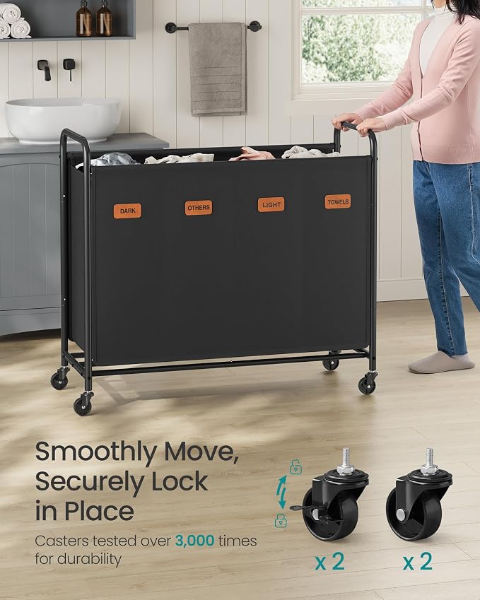 SONGMICS 4-Section Laundry Sorter, Laundry Hamper with Wheels, Rolling Clothes Hamper Cart with Large Capacity and Removable Bags, for Laundry Room, Bedroom, Bathroom, Ink Black URLS460B01 | Rolling Clothes Hamper Cart, Large Capacity, for Laundry Room... - Image 4