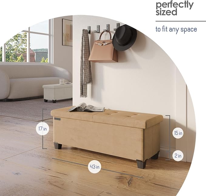 Storage Ottoman Bench with Bins, 43-in Storage Bench for Bedroom End of Bed, Folding Foot Rest Ottoman for Living Room Max 660lbs, Velvet Ottomans, Taupe - Image 9