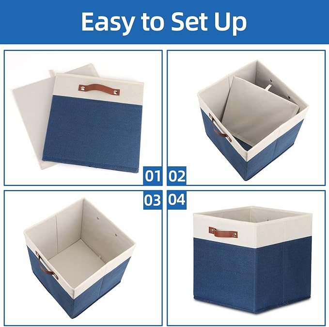 Temary Fabric Storage Bins for Cube Organizer 4 Pack Cube Storage Bins 13 Storage Cubes for Shelves Storage Baskets for Organizing Books, Clothes, Towels (White & Blue, 13x13x13 Inch) - Image 7