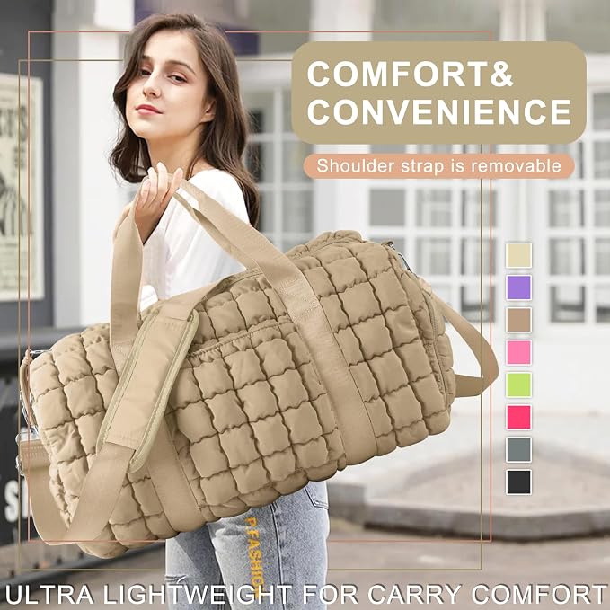 Quilted Travel Duffle Bag Gym Bag for Women,Large Puffer Duffle Weekender Bag with Compartment,Workout Overnight Carry on Organizer Bag Duffle Bag for Airplane Travel(L-Khaki) - Image 6