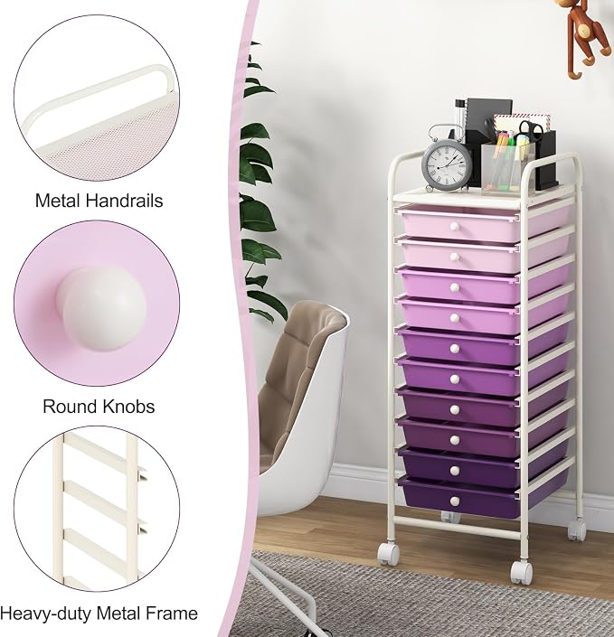 GOFLAME 10-Drawer Rolling Storage Drawer Cart, Utility Cart with Removable Drawers & Metal Frame, Mobile Art Craft Drawer Cart with Lockable Wheels for Home, Office, Studio, School, Purple Gradient - Image 6
