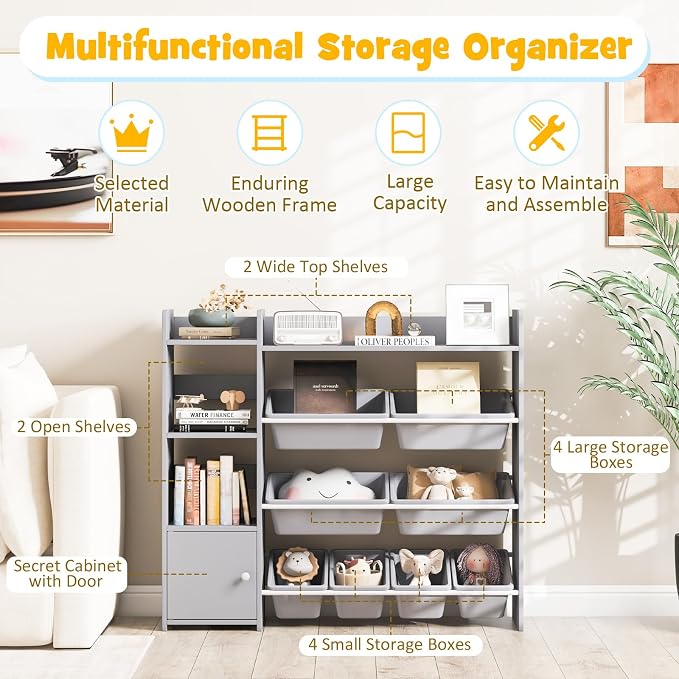 Costzon Kids Toy Storage Organizer, 4-Tier Kids Bookshelf Storage Cabinet w/8 Removable Bins, Preschool Children's Montessori Bookshelf w/Large Cabinet for Playroom, Daycare, Kids Room, Classroom - Image 5
