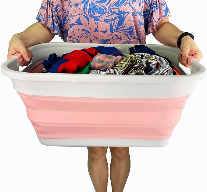 SAMMART 41L (10.8 gallon) Collapsible Plastic Laundry Basket - Foldable Pop Up Storage Container/Organizer - Portable Washing Tub - Space Saving (Grey/Quartz Pink, Rectangular) - Image 5