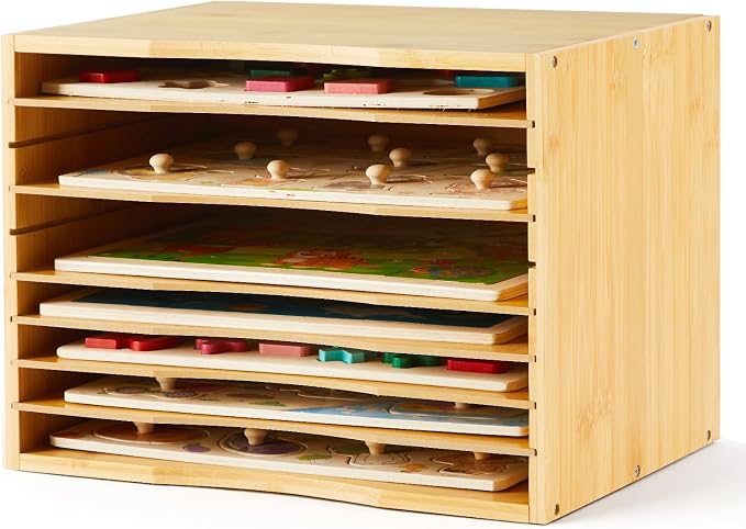 Ripeng 1 Pack Bamboo Puzzle Holder Rack, 7-Tier Adjustable Storage Organizer for Flat and Thick Jigsaw Puzzles, Space Saving Desktop Shelf, Gift for Craft Jigsaw Puzzle Lovers (Natural Wood) by Ripeng