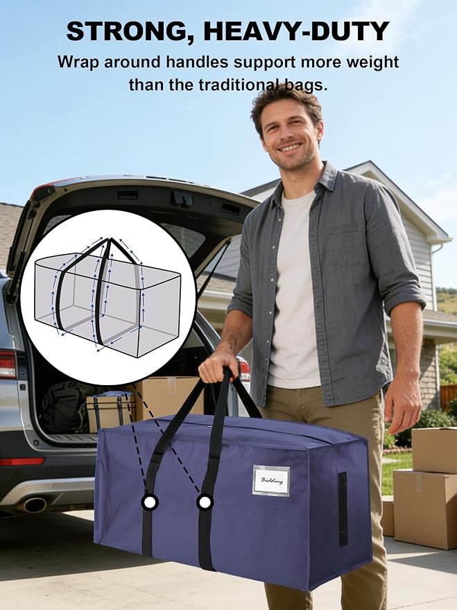 HOMESURE Supports 200lbs Heavy Duty Moving Bags - Strong Zipper & Wrap-Around Handles - Water-Resistant Storage Totes, Durable Alternative to Moving Boxes - 4 Pack - Blue - Image 2