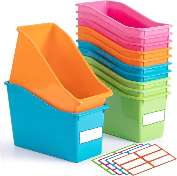 Geetery 12 Pcs Book Bin for Classroom with Labels Stackable Plastic Organizing Bins 11.5 x 5.4 x 7.5 in Book Holders Storage Bins Box Baskets for Classroom Library Home (Vibrant Color) by Geetery