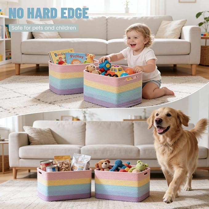 5 Pack Woven Storage Baskets, Decorative Storage Bins for Organizing | 13.8'' × 9.8'' × 7.9'', Cute Cotton Rope Basket Organizer for Closet, Shelves, bathroom, Nursery, Toys, Books, Rainbow - Image 3