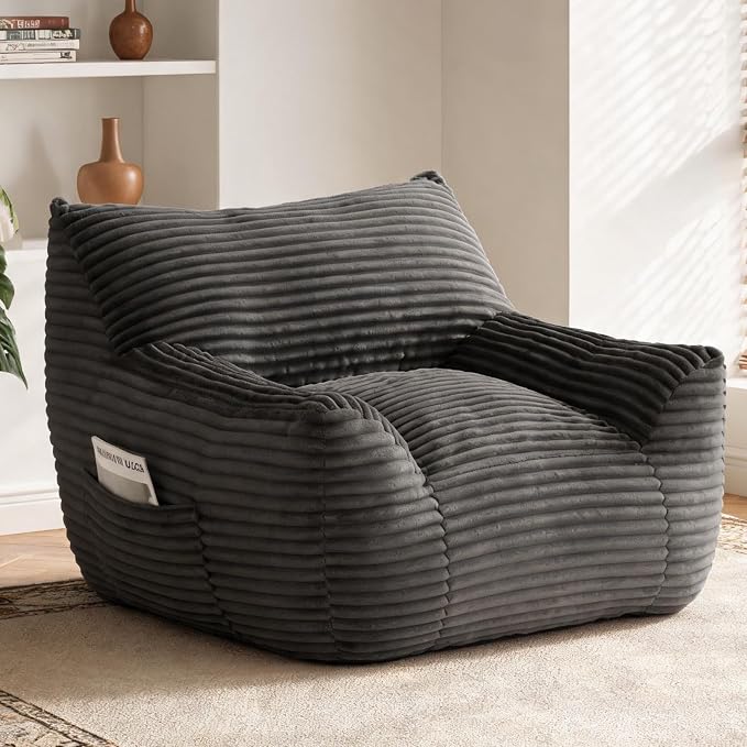 Bean Bag Chair for Adults & Kids, Giant Bean Bag Sofa with Side Pocket, Corduroy Beanbag Chair with Armrests, Comfy Stuffed Floor Sofa for Living Room Bedroom Dorm, Gray by Nivayor