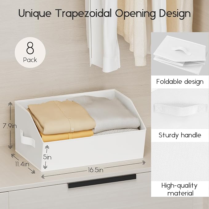 Large Closet Organizers and Storage Bins - 6 Pack Trapezoid Storage Baskets for Shelves, Foldable Fabric Baskets with Handles Ideal for Closet, Basket, Wardrobe and Shelf Storage, White - Image 2