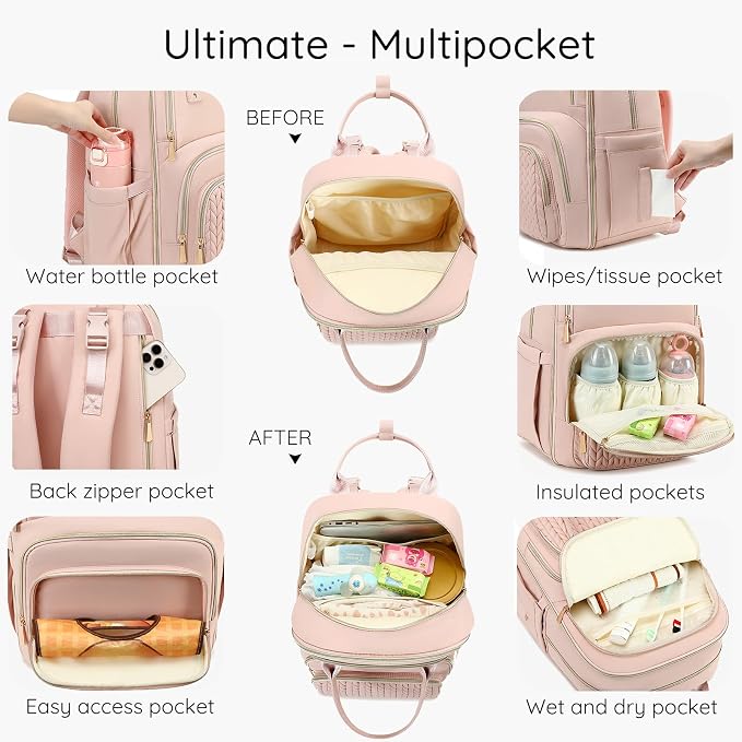 AIJIEKE Diaper Bag Backpack, Large Multi-functional Diaper Backpack, Pink | Waterproof lightweight baby backpack. With changing pad, stroller straps, insulated & wet/dry pockets. Mom & dad essential - Image 2