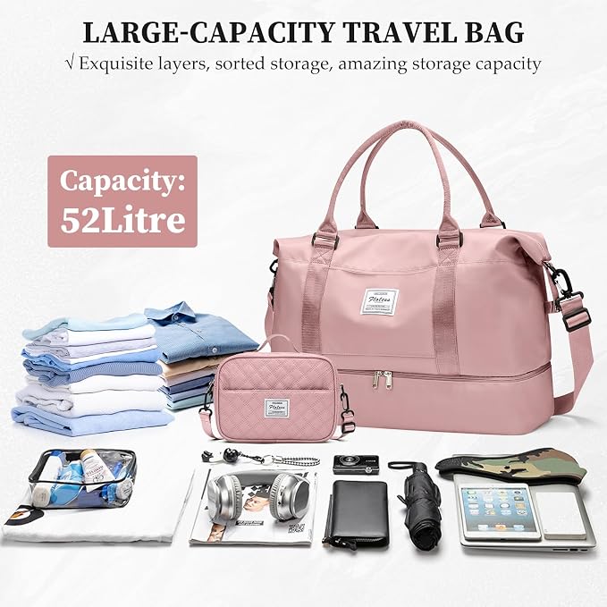 Weekender Bags for Women,Personal Item Travel Bag with Shoes Compartment | Overnight Travel Duffel Bag with Grid Toiletry Bag,Carry-On Bag,Extra Large - Image 3