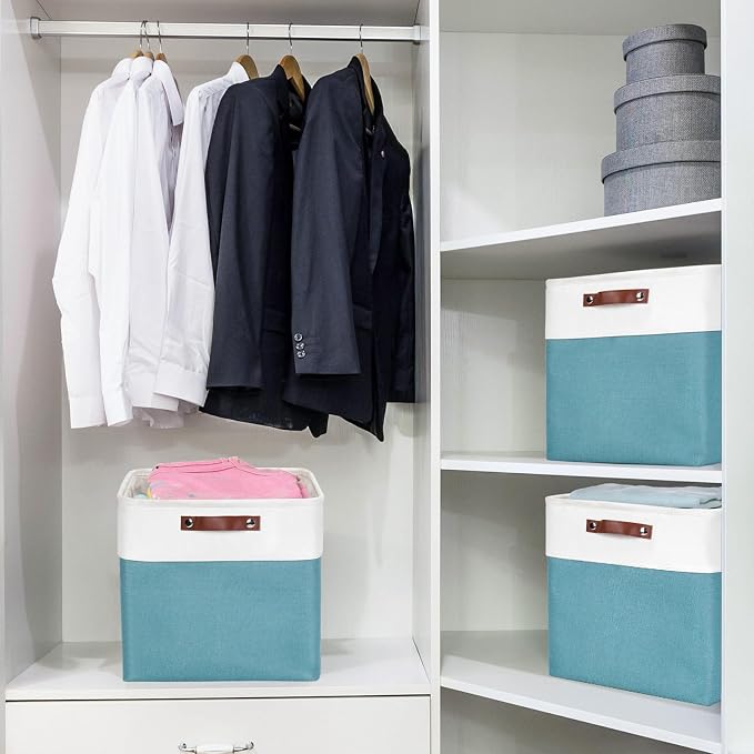 13x13 Cube Storage Bins, Collapsible Fabric Storage Box, 4 Pack Closet Baskets with Handles for Organizing, Shelf, Toys, Clothes, Home, Office, Nursery (Teal&White) - Image 2