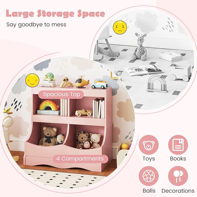 HONEY JOY Kids Toy Storage Organizer, 4-Cubby Wooden Bookcase Cabinet, 2-Tier Open Daycare Shelf for Preschool, Kids Display Bookshelf for Bedroom, Playroom, Classroom & Nursery (Pink) - Image 8