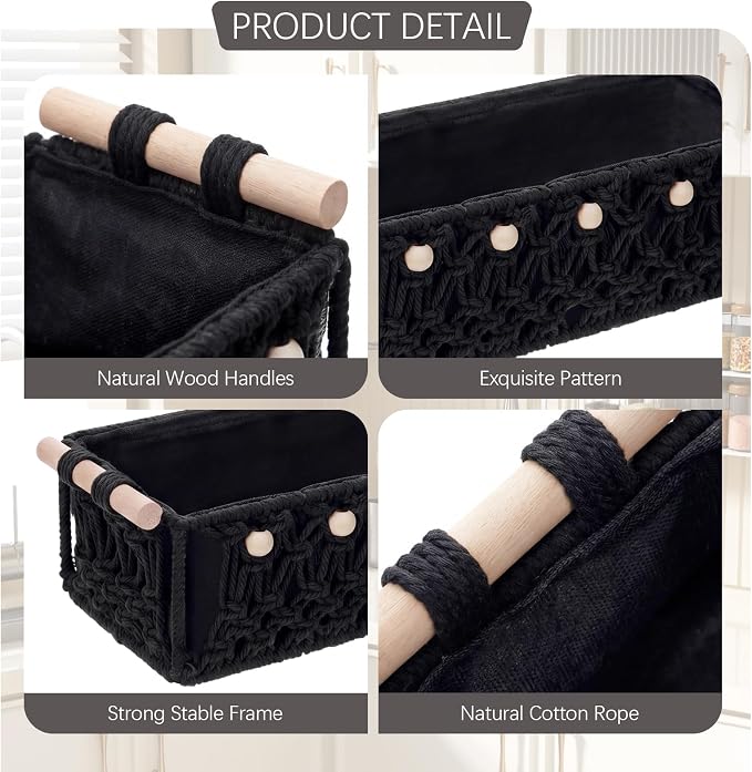 Vesici 4 Pcs Black Macrame Storage Basket for Shelves 13 in 11 in Boho Storage Basket Hand Woven Boxes with Wood Handles Beads Decorative Countertop Toilet Tank Cabinet Organizer for Home Room Decor - Image 3