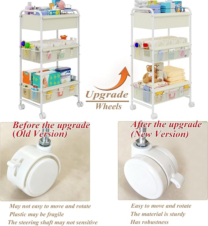 3-Tier Baby Diaper Caddy Cart Organizer,Mobile Nursery Storage Carts with Wheels,With 2 Dividers&14 Mesh Pockets Durable Metal Utility Cart for Nursery, Bedroom, Bathroom, Baby Essentials Organization - Image 7