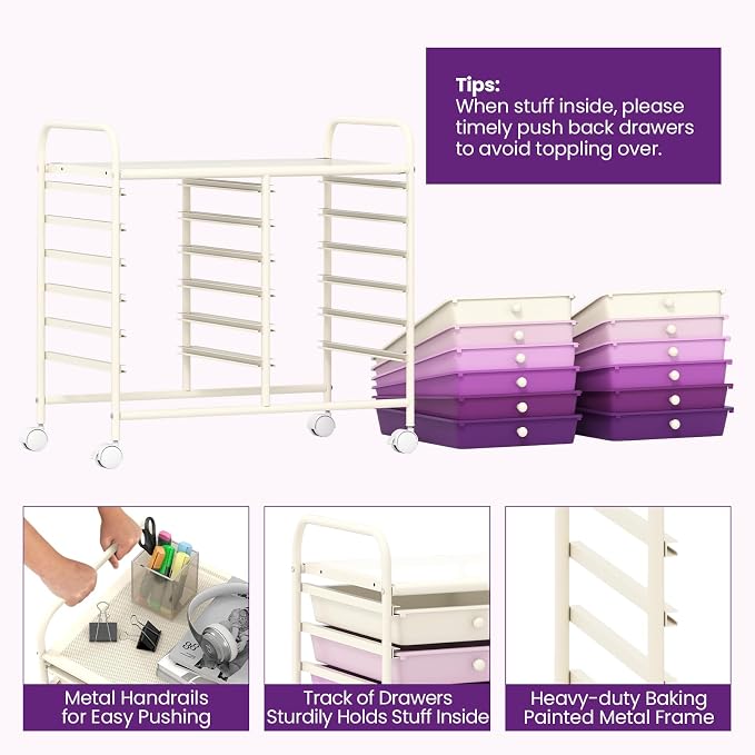 Giantex 12 Drawers Rolling Cart, Mobile Storage Drawer Cart, Classroom Organizer Cart for Office School Supplies Tools Scrapbook Paper Craft Small Printer, Utility Cart on Wheels, Purple Gradient - Image 6