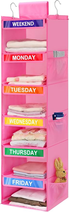 6-Shelf Weekly Clothes Organizer for Kids, Hanging Daily Closet Organization with 6 Side Pockets, Days of The Week Clothing Divider Storage for Boys and Girls (Pink) by Fivebop