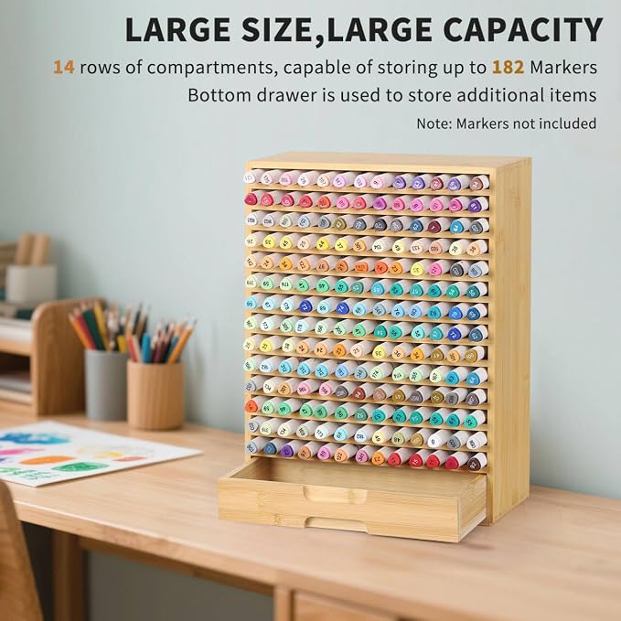 AUTOARK Natural Bamboo Marker Organizer with Drawer, AHK-065 | 182 Slots - Image 3