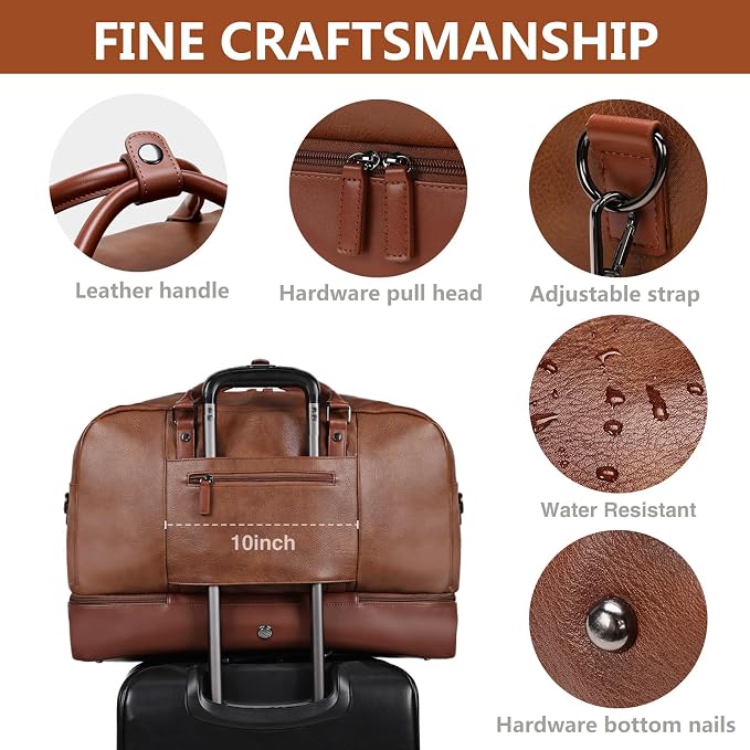 Large 4-in-1 Leather Duffle Bag for Travel Weekender Overnight Hospital Gym Bag for Men & Women, Carry On Airline Approved Personal Item Duffel Garment Bag Luggage with Shoe Compartment & Toiletry Bag - Image 5