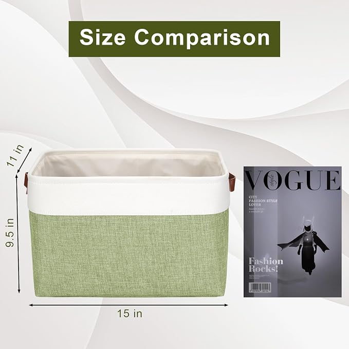 Storage Bins Large Fabric Storage Baskets for Shelves 3 Pack, Decorative Linen Closet Baskets with Handles for Organizing, Shelf, Clothes, Home, Office, 15x11x9.5Inches (Green&White) - Image 3