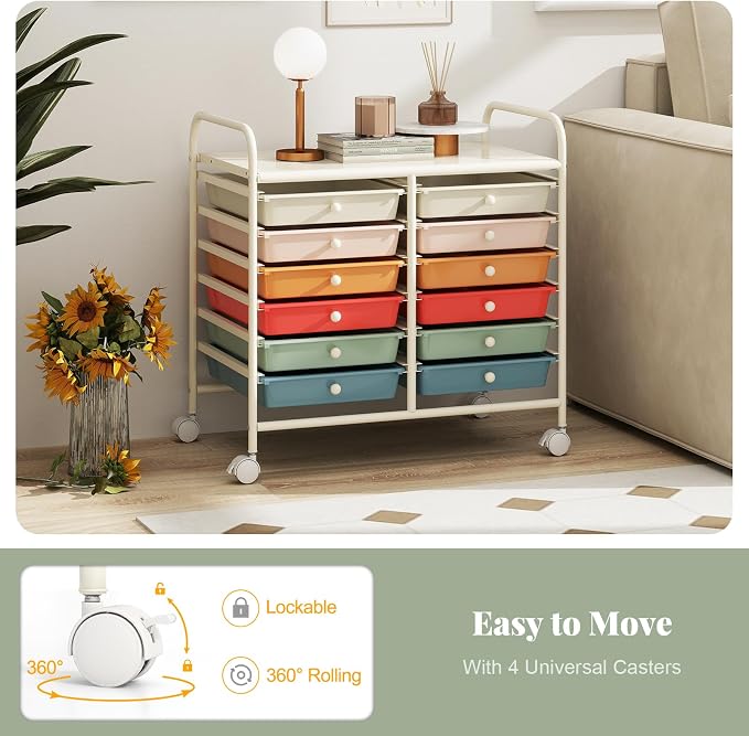 RELAX4LIFE 12-Drawer Rolling Storage Cart - Mobile Utility Cart on Wheels for School Classroom Teacher Office Salon, Paper File Art Supply Craft Organizer, Rolling Cart with Drawers (Macaron) - Image 5