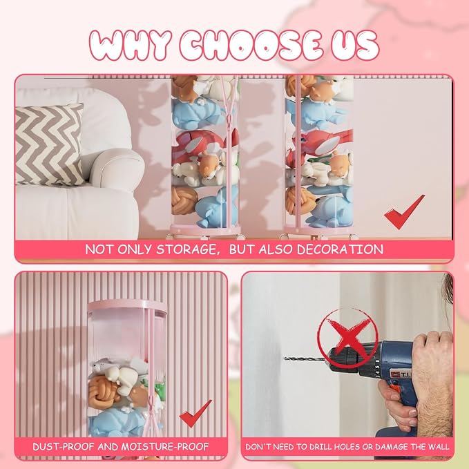 Upgraded Stuffed Animal Storage Tube,Tall (150cm) Plush Organizer with 4 Wheels, PET Clear Bucket & Double Zipper, Space-Saving Toy Storage for Kids Room, Tidy Zoo Bin for Stuffed Animals (Pink) - Image 5