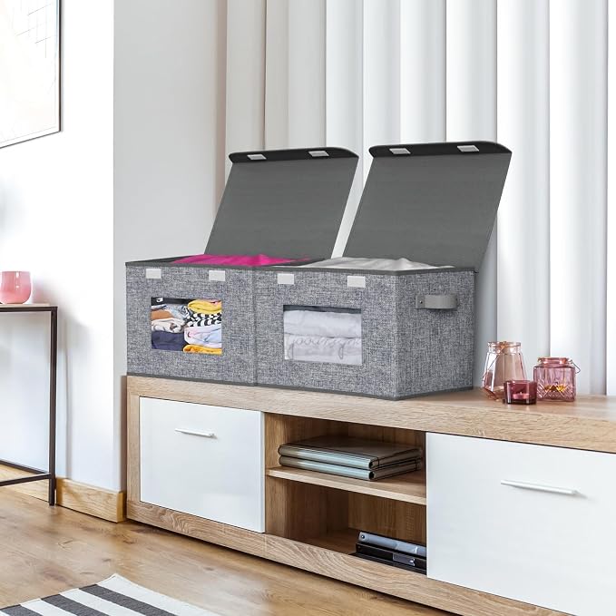 Univivi Fabric Storage Bins with Lids for Clothes 4 Pack, Grey Linen | 17 x 12 x 12 In Foldable Storage Boxes with Handles, Clear Window, Closet Organizers for Home, Bedroom - Image 5