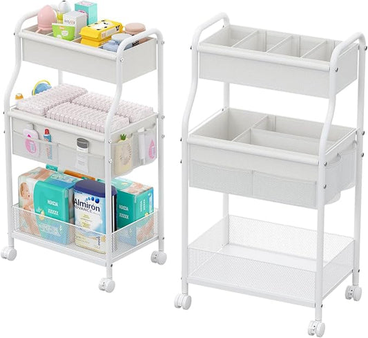 3-Tier Diaper Caddy Organizer & Rolling Cart,Metal Utility Cart with 4+2 Dividers & Lockable Silent Casters, Mobile Storage Cart for Nursery Essentials, Multi-Purpose for Kidsroom Changing Table by Cidaziya