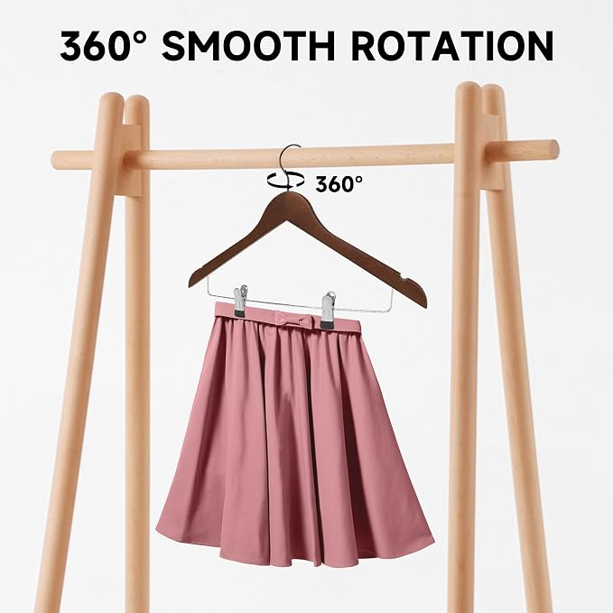 Wooden Hangers with Adjustable Metal Clips, 24-Pack, Walnut | Solid Wood Hangers with 360° Rotatable Hook for Skirt, Dress, Coats, Jacket and Pants, Space-Saving and Non-Slip Design - Image 3