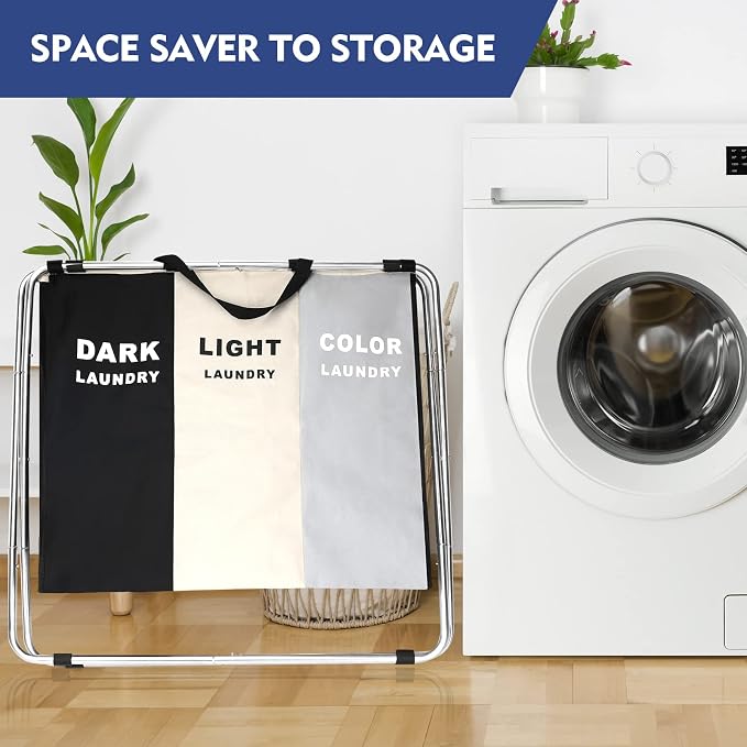 Laundry Cloth Hamper Sorter Basket Bin Foldable 3 Sections with stainless steel Frame Washing Storage Dirty Clothes Bag for Bathroom Bedroom Home Storage Basket(3 Liner, White+grey+black) - Image 4