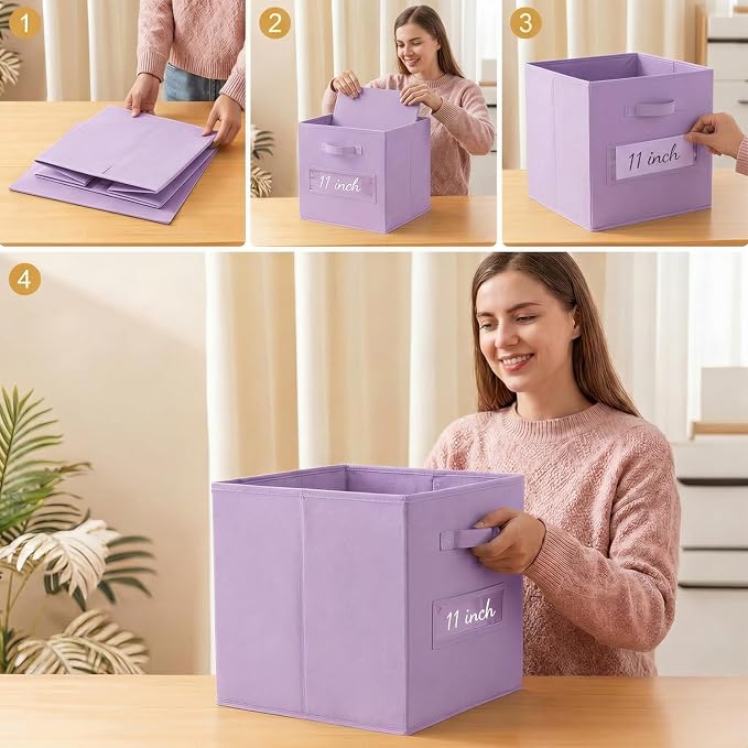Storage Bins,11 Inch Cube Storage Bin with Labels,6pcs,Purple | Fabric Storage Cubes for Shelves,11 Inch storage cube bins with 6 Labels Window Cards & a Pen. - Image 5