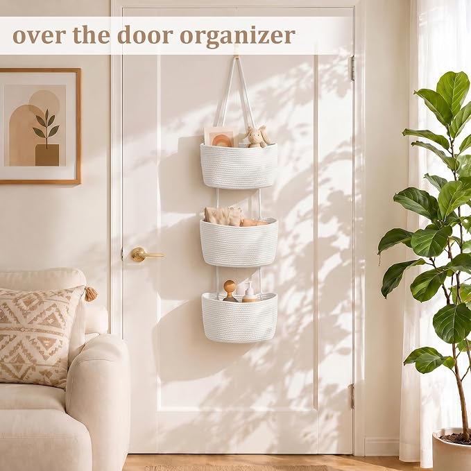 TeoKJ Over the Door Hanging Basket, 3-Tier Woven Cotton Wall-Mounted Storage Organizer Bag Decorative Hanging Nursery Baskets, White - Image 2