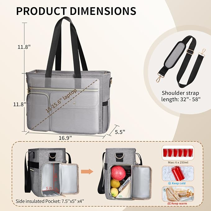 ESTARER Teacher Tote Bag for Women 2Pcs, 15.6'' Laptop Work Bag Computer bag w/Expandable File Folder, Large Water-Resistant Messenger Shoulder bag w/Insulated Pocket for Office/Travel/College, Grey - Image 3