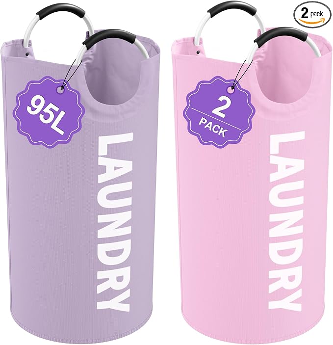 2Pcs 95L Purple + Pink Laundry Basket, Folding Laundry Hampers for Women with Soft Handles, Freestanding Dirty Clothes Basket, Sturdy Oxford Fabric Clothes Hampers for Travel, Dormitory by IHOMAGIC